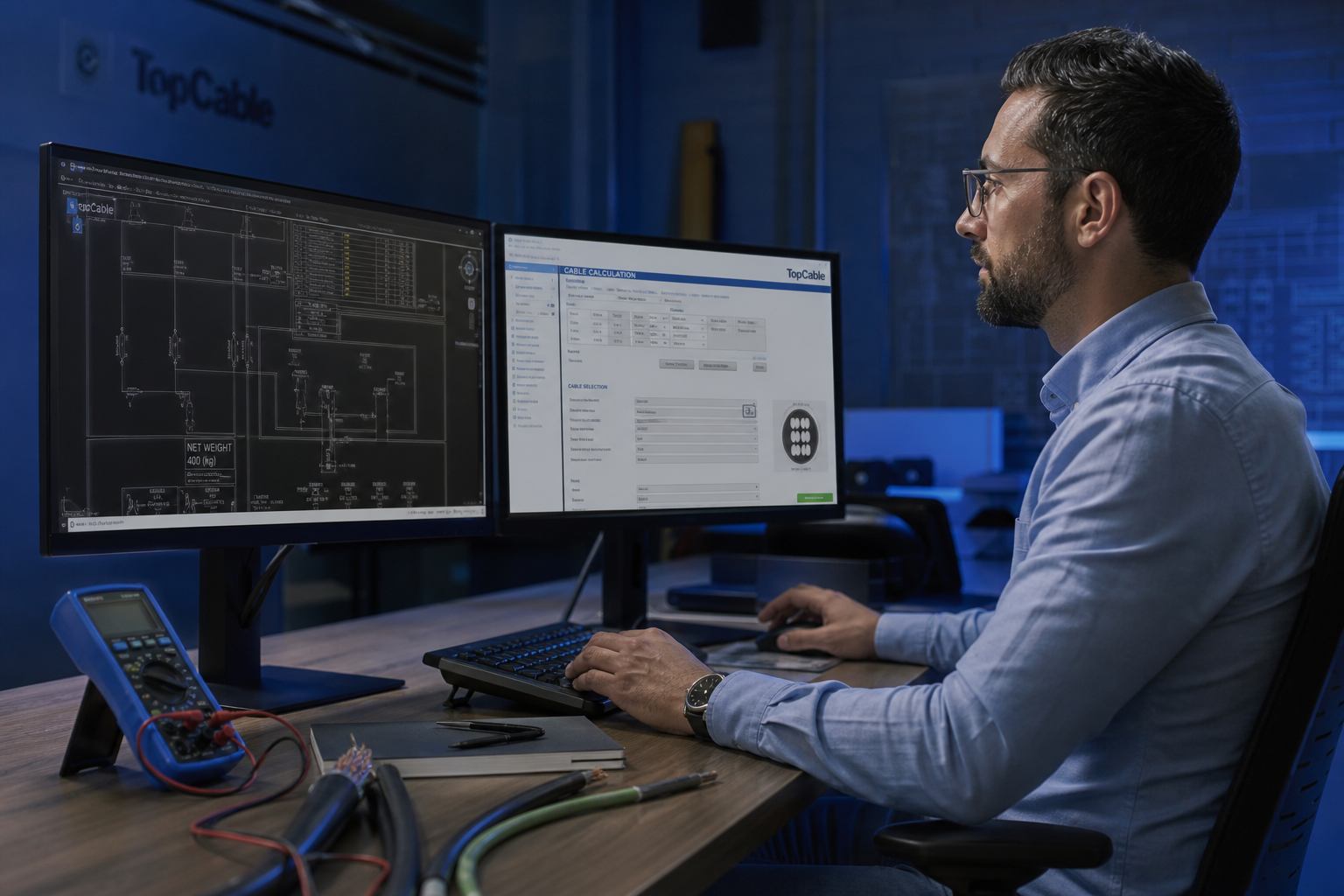 Elektrotechnisch adviseur werkt aan kabelberekeningen